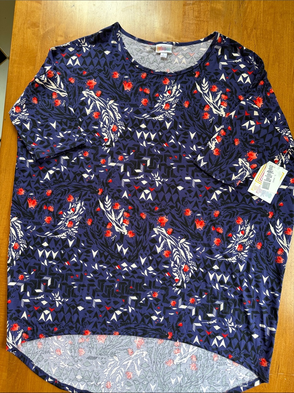 LuLaRoe Navy Floral & Geometric Short Sleeve Top with Red Accents